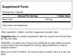 Close-up of Swanson Neem Leaf capsules (500 mg each) in bottle packaging