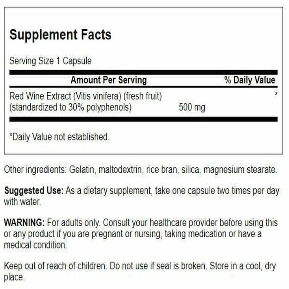 Front label of Swanson Red Wine Extract 500 mg bottle