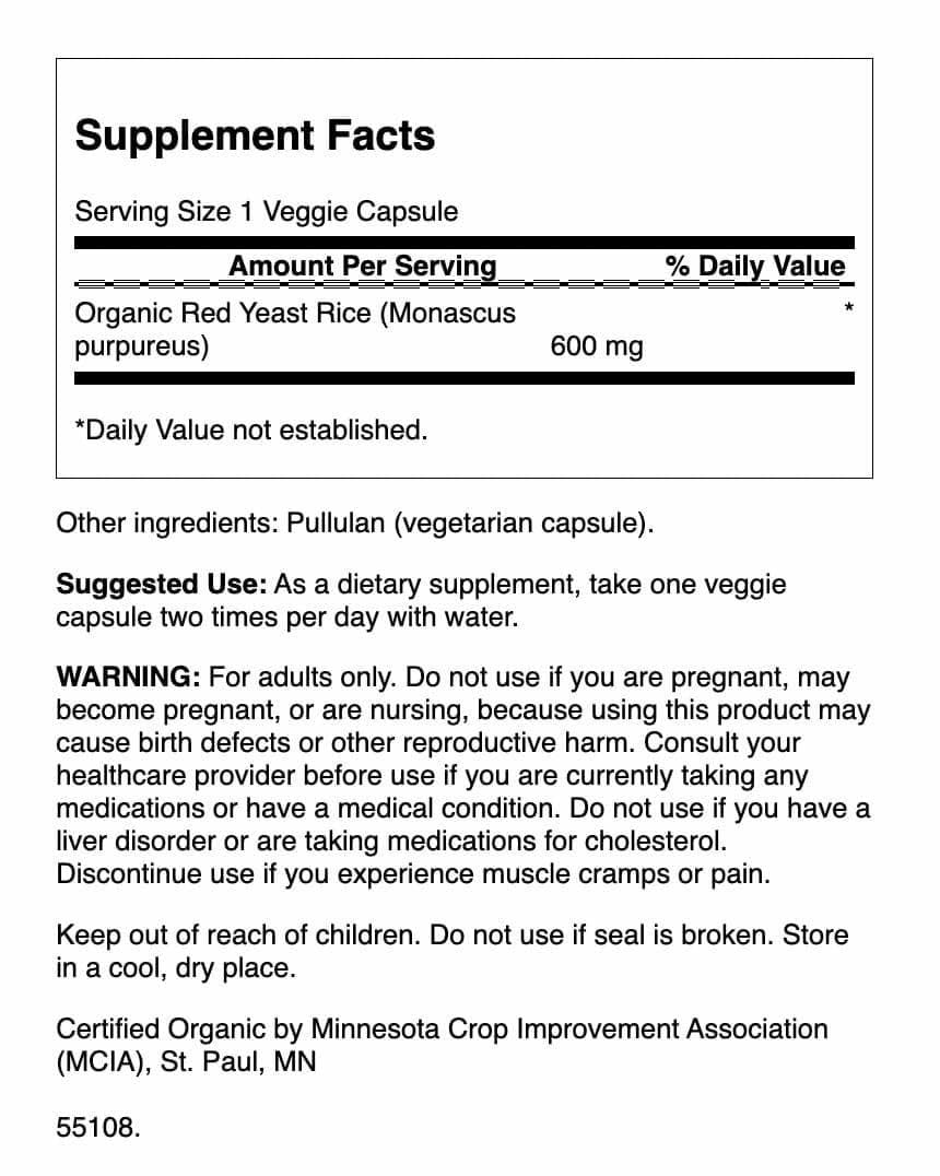 Close-up of Swanson Red Yeast Rice 600 mg label