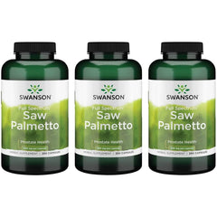 Swanson Saw Palmetto capsules being poured for easy daily dosing and support.