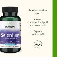 Swanson Selenium bottle highlighting heart health benefits