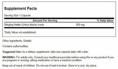 Close-up of 500mg per capsule Stinging Nettle Root label