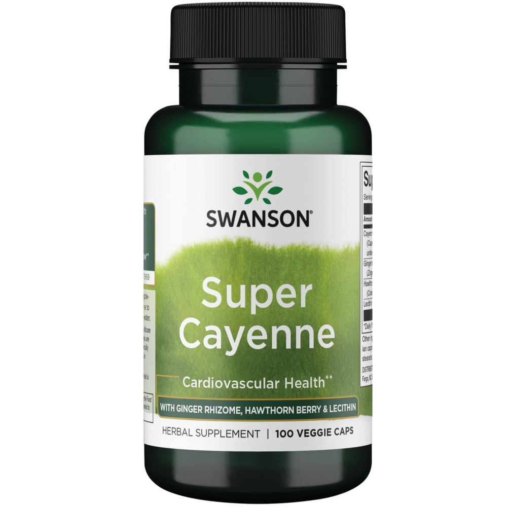 Swanson Super Cayenne 100 Veg Caps bottle with Ginger Rhizome, Hawthorn Berry and Lecithin