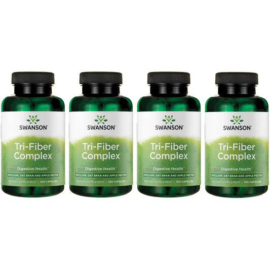 Hero image showing Swanson Tri-Fiber Complex 100-capsule bottle with a 4-pack