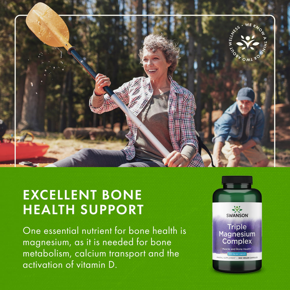 Swanson Triple Magnesium Complex bottle with capsules in focus