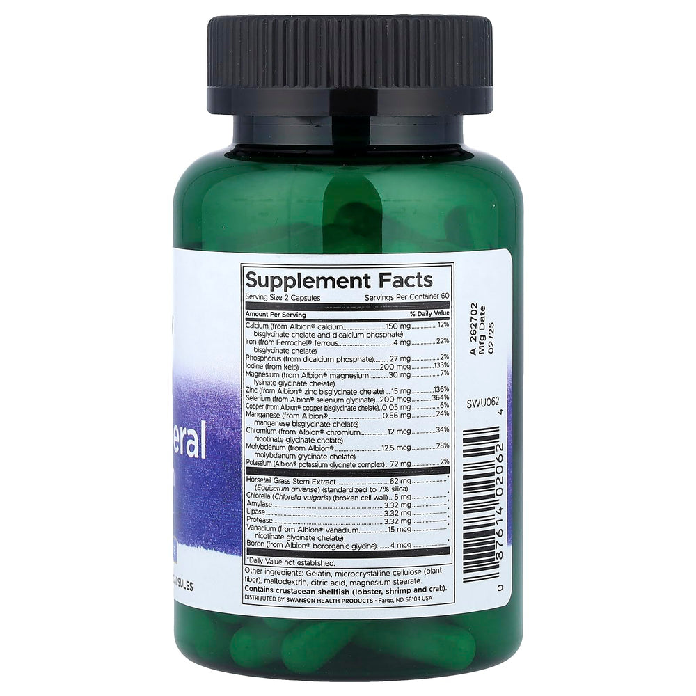 Close-up of Albion chelated minerals and capsules from Swanson Multi-MIN bottle