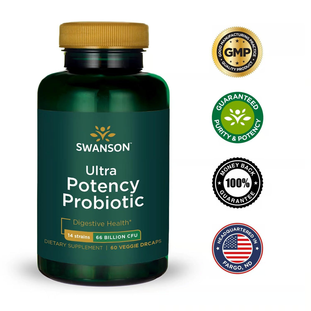 Bottle of Swanson Ultra Potency Probiotic 66B CFU capsules