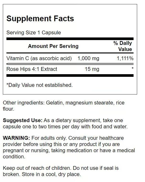 Close-up of bottle label showing 1000 mg Vitamin C per capsule