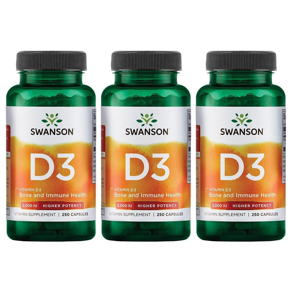 Swanson Vitamin D-3 2000 IU – Sunshine Vitamin for bone and immune support, 3-pack, 250 capsules.