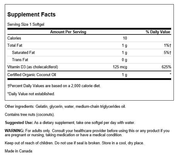 Close-up of Swanson Vitamin D-3 with Coconut capsules highlighting coconut-infused formula for bone and immune support
