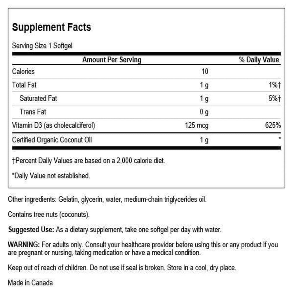 Close-up of Swanson Vitamin D-3 with Coconut softgel capsule