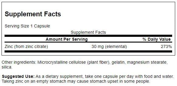 Close-up of Swanson Zinc Citrate 30 mg capsules