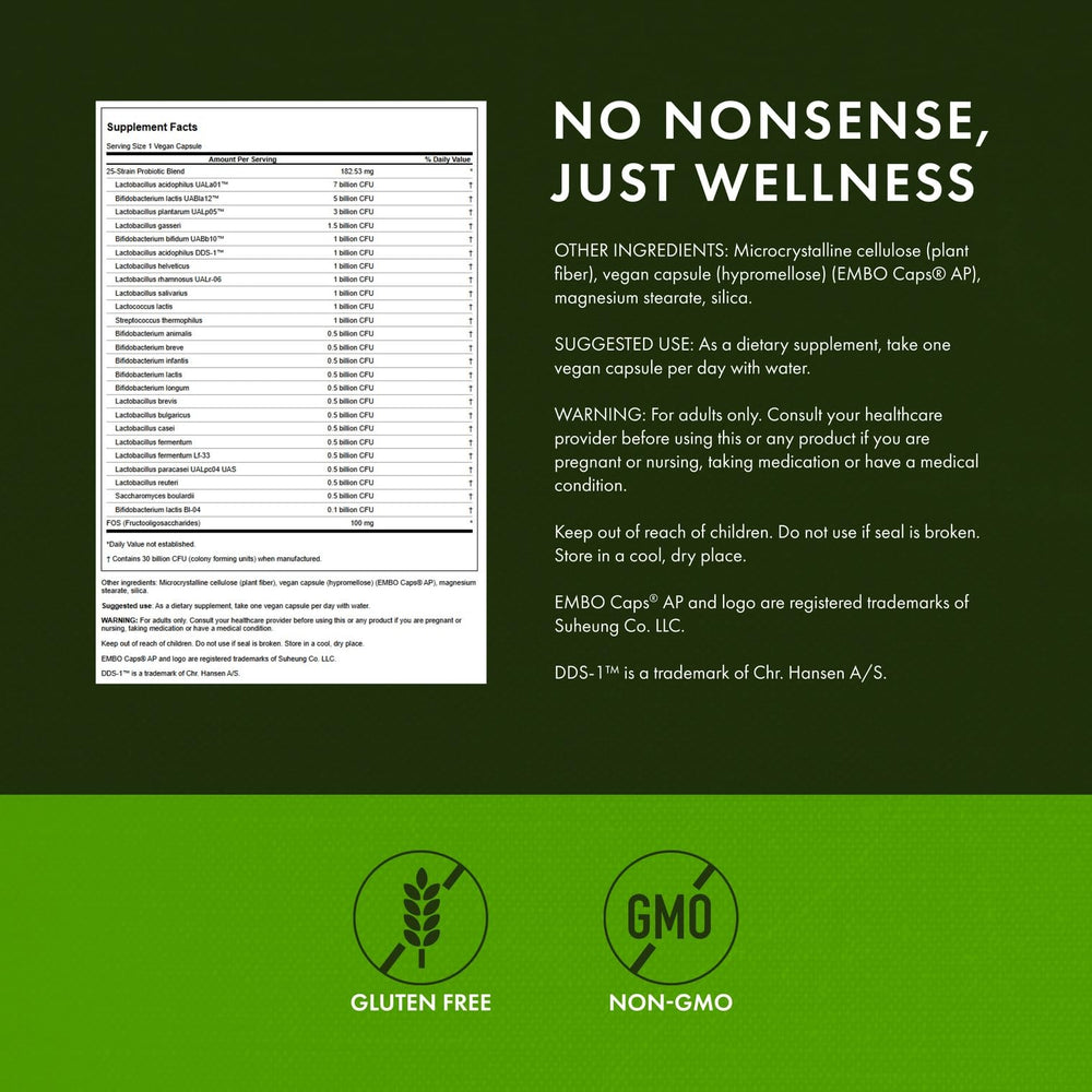 Close-up of the product label showing 30 Billion CFU and 25 strains