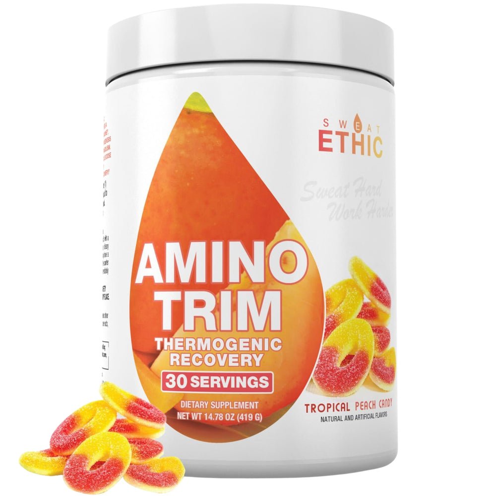 Container of Sweat Ethic Amino Trim Tropical Peach Candy 14oz