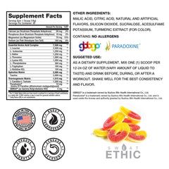 Back label of Sweat Ethic Amino Trim Tropical Peach Candy with nutrition facts
