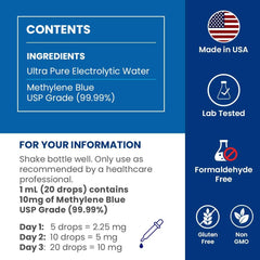 Close-up of USP Grade methylene blue label