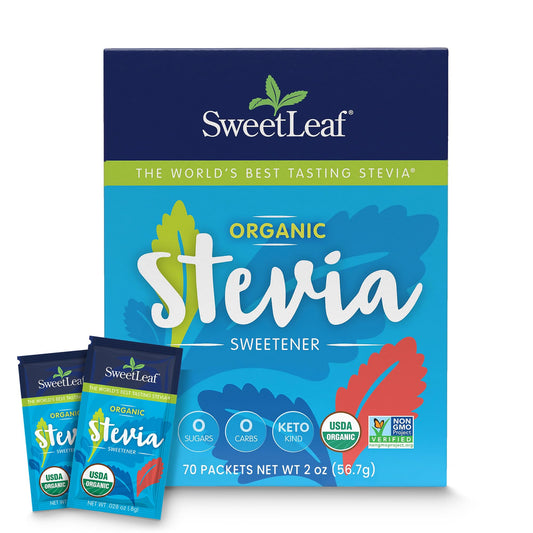 Front label of SweetLeaf Organic Stevia Powder Packets