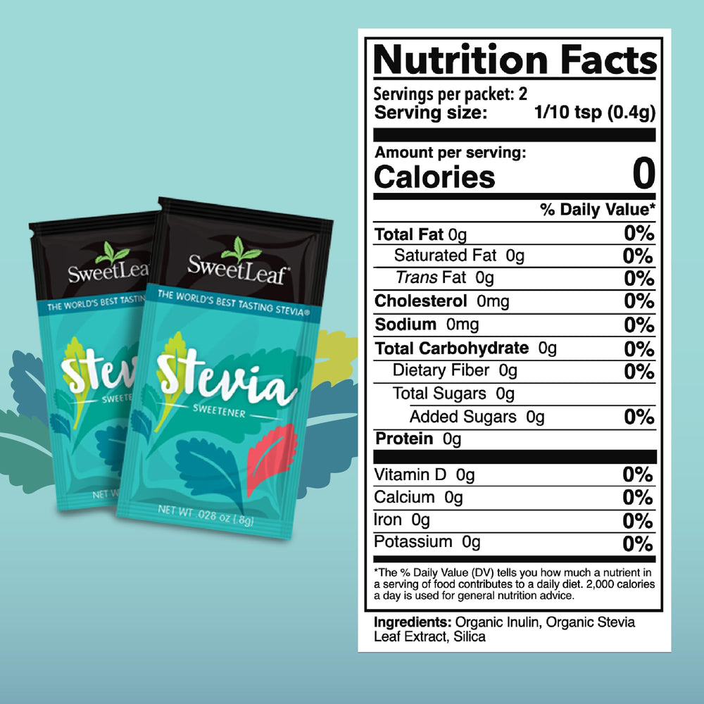 Close-up packaging of SweetLeaf Stevia Packets