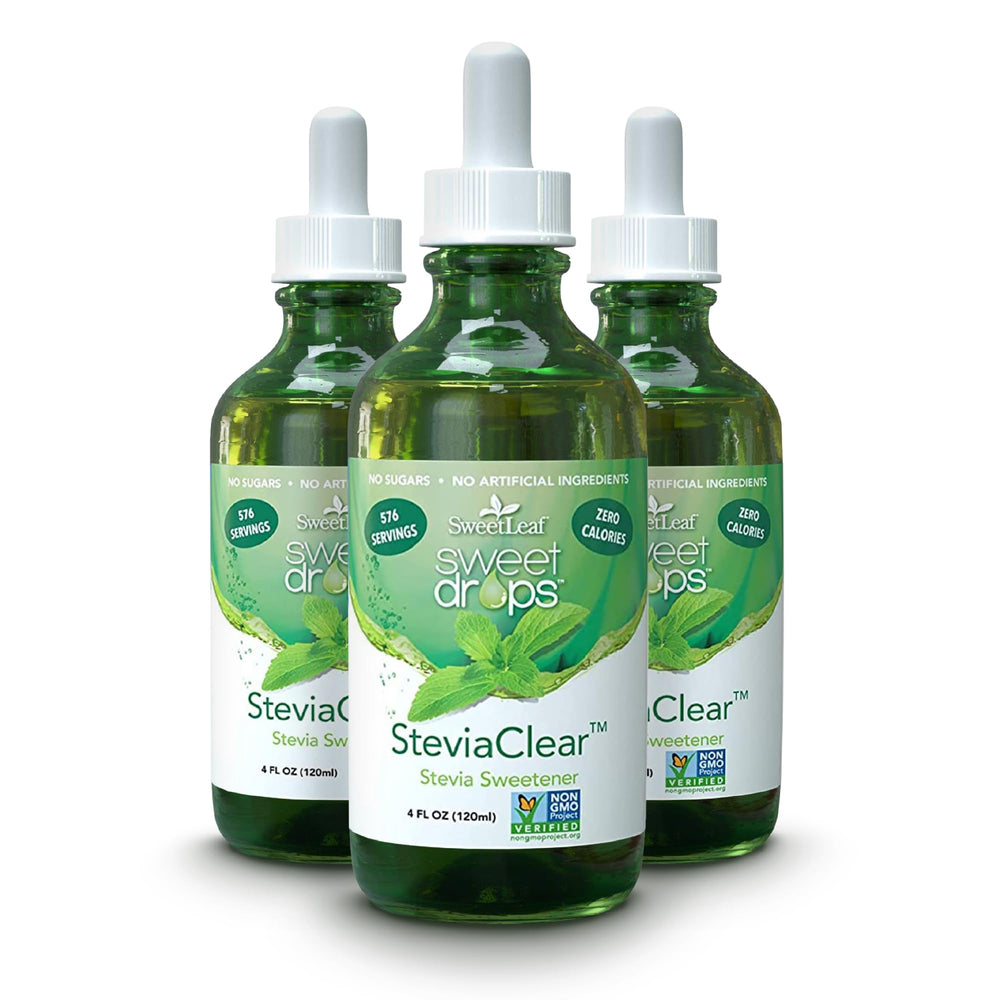 Close-up of SweetLeaf SteviaClear Drops 4 oz glass bottle