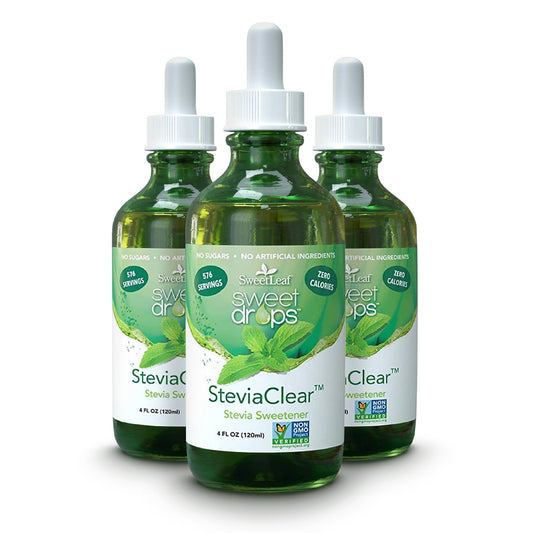 Close-up of SweetLeaf SteviaClear Drops 4 oz glass bottle