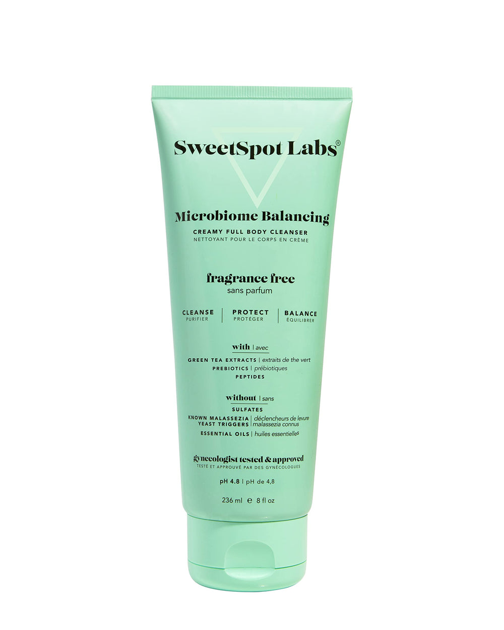 SweetSpot Labs microbiome balancing feminine wash bottle shows unscented, pH balanced cleansing for daily care.