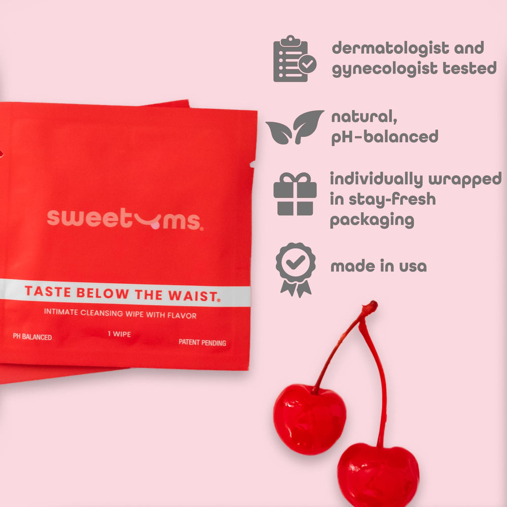 Sweetums cherry-flavored wipe close-up highlighting flavor and a refreshing boost.