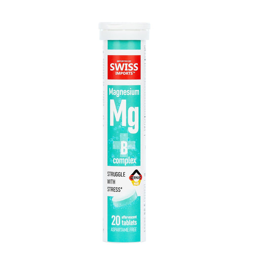 Packaging of Swiss Imports Effervescent Magnesium + B Complex 20 Tablets