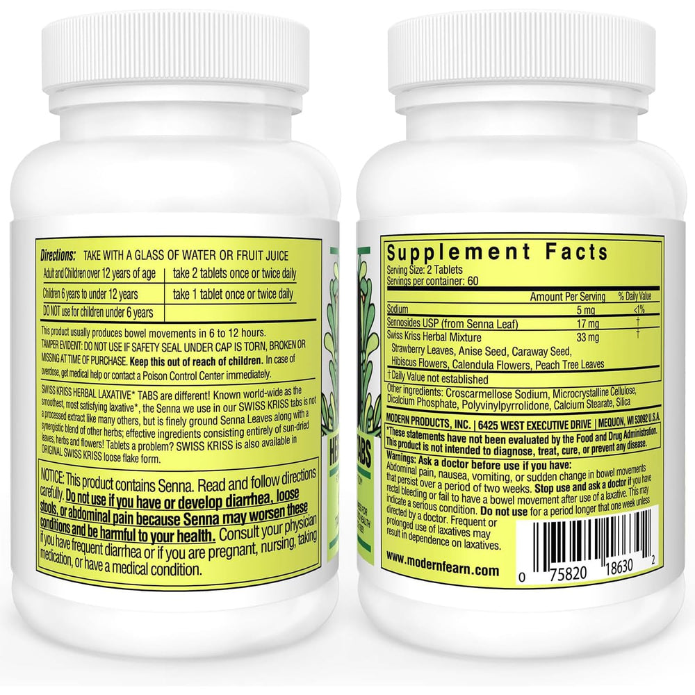 Swiss Kriss bottle-front label highlights natural senna-based laxative and soothing herb blend.