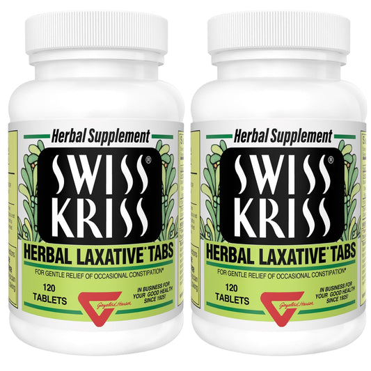 Swiss Kriss pack-shot with tablets shows a gentle, natural constipation relief option.