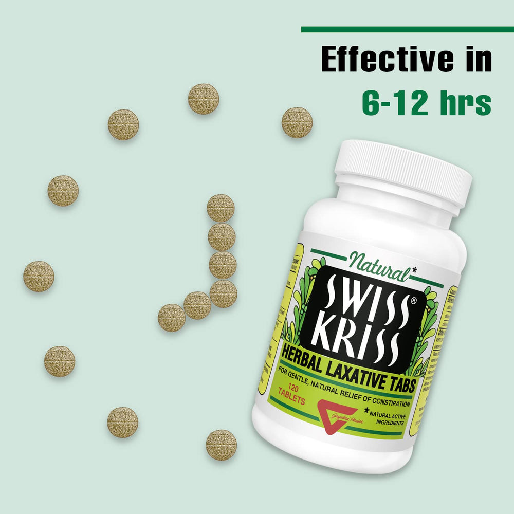 Swiss Kriss senna-based laxative ingredient closeup emphasizes a plant-powered approach to occasional relief.