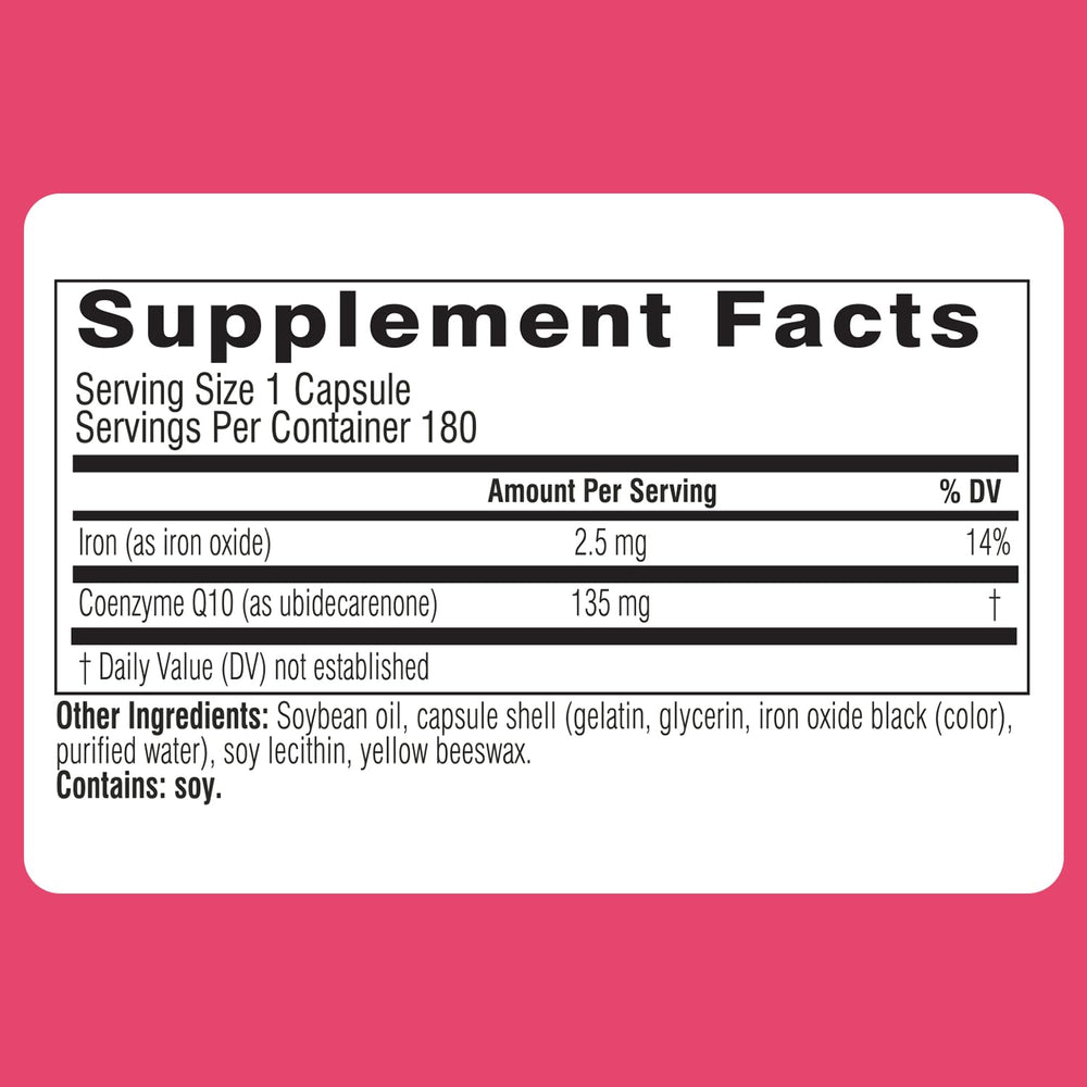 Label displaying 135mg CoQ10 dosage per softgel