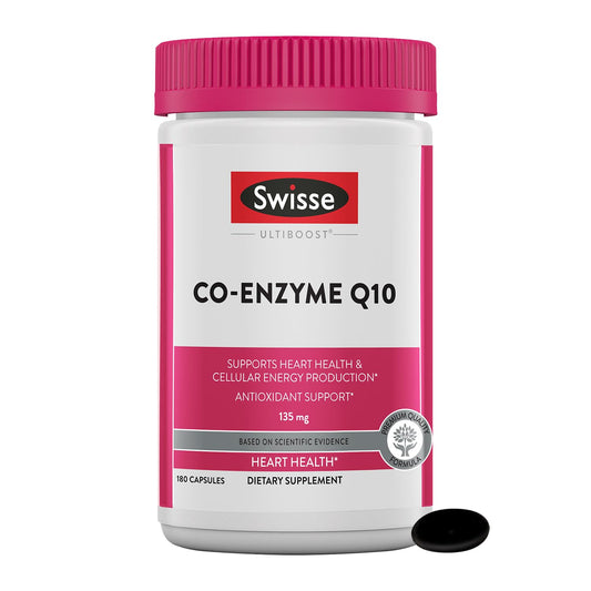 Swisse CoQ10 supplement bottle with 180 softgels