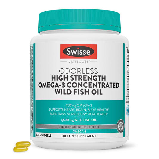 Swisse Wild Fish Oil bottle with 400 odorless softgels