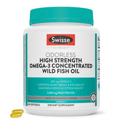 Swisse Wild Fish Oil bottle with 400 odorless softgels