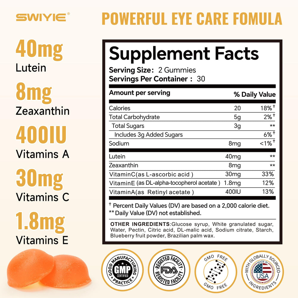 Back panel with nutrition facts of Swiyie Lutein Gummies