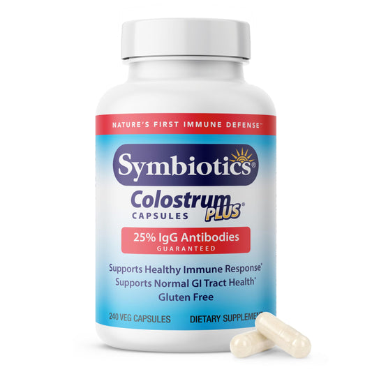 Bottle of Symbiotics Colostrum 240ct vegetable capsules with product label