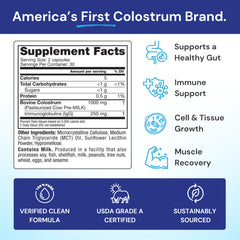 Close-up of Symbiotics Colostrum 60ct bottle label showing 25% IgG