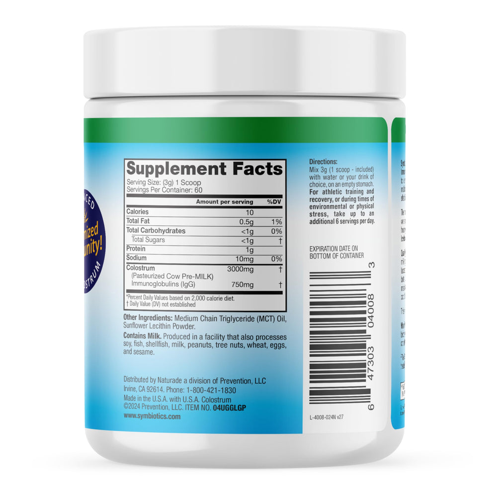 Symbiotics Colostrum Plus packaging on kitchen counter supports an active lifestyle.