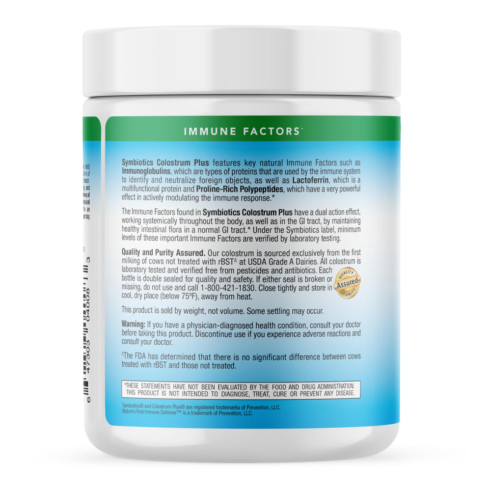 Symbiotics Colostrum Plus ingredient panel highlights lactoferrin for iron utilization.