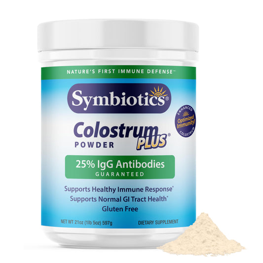 Front label of Symbiotics Colostrum Plus Powder 21 oz