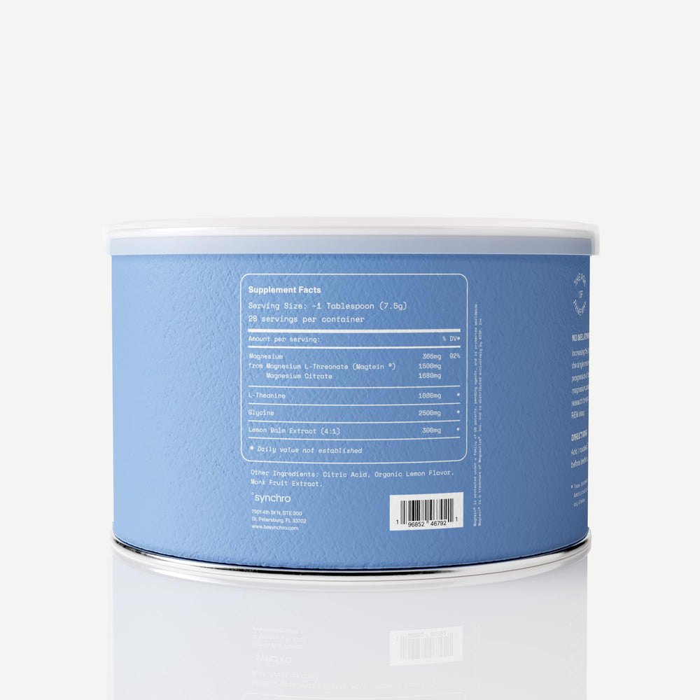 Synchro Rest Sleep lemon flavor packaging and dosing scoop