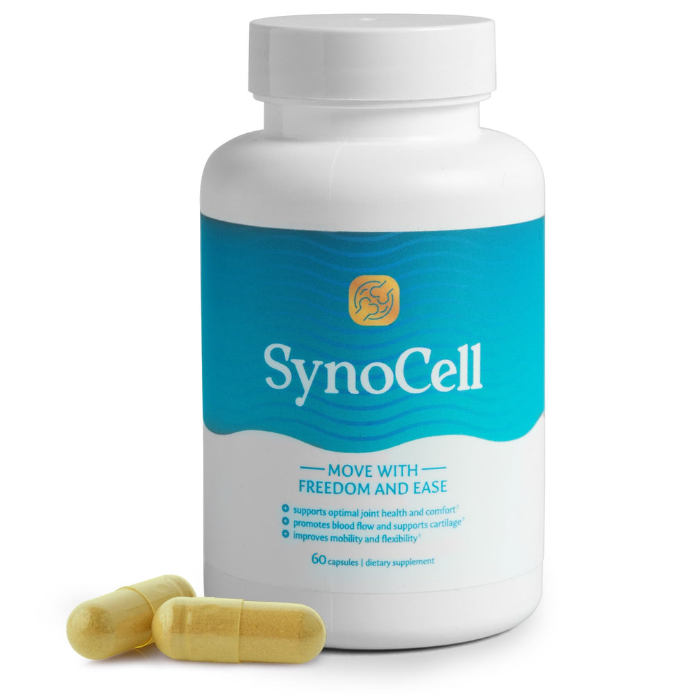 Synocell bottle front shows joint support formula for daily comfort.
