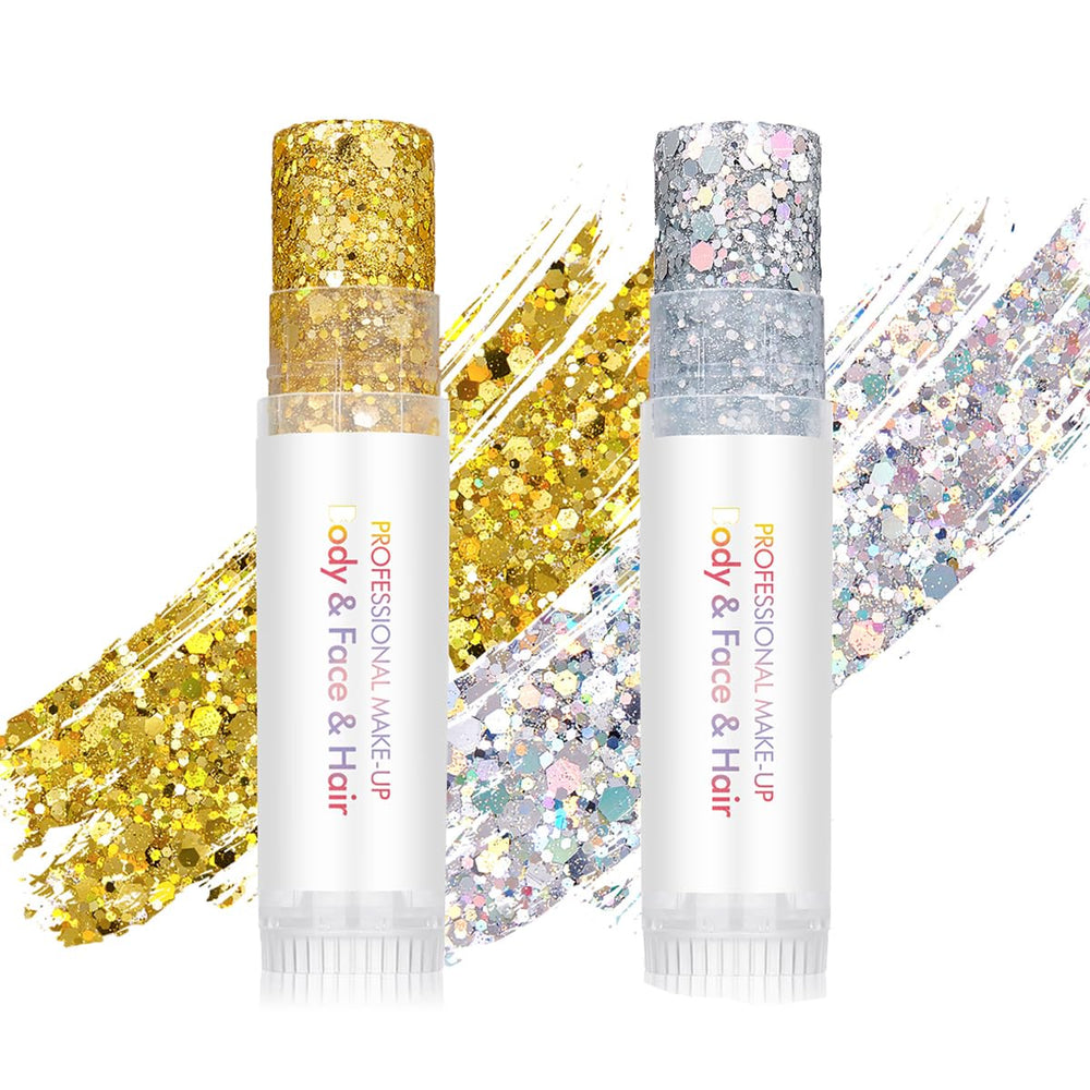 SYPAFG body glitter stick two-pack front view with gold and silver shades for festive sparkle.