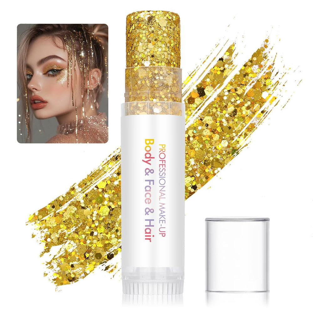 SYPAFG glitter stick close-up on pigment to emphasize chunky sparkle ready for bold looks.