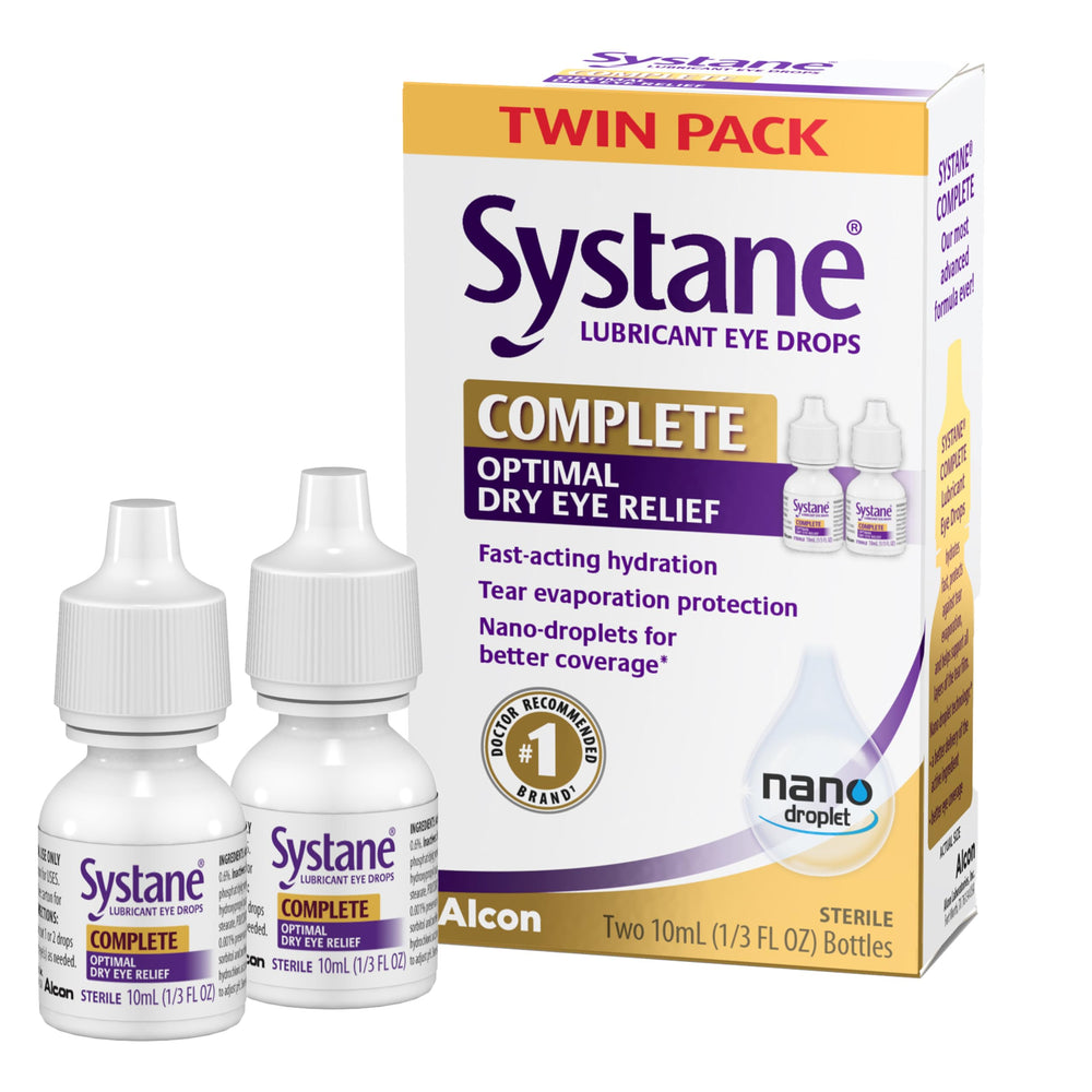 Systane Complete eye drops bottle pour demonstrates fast hydration for dry eyes