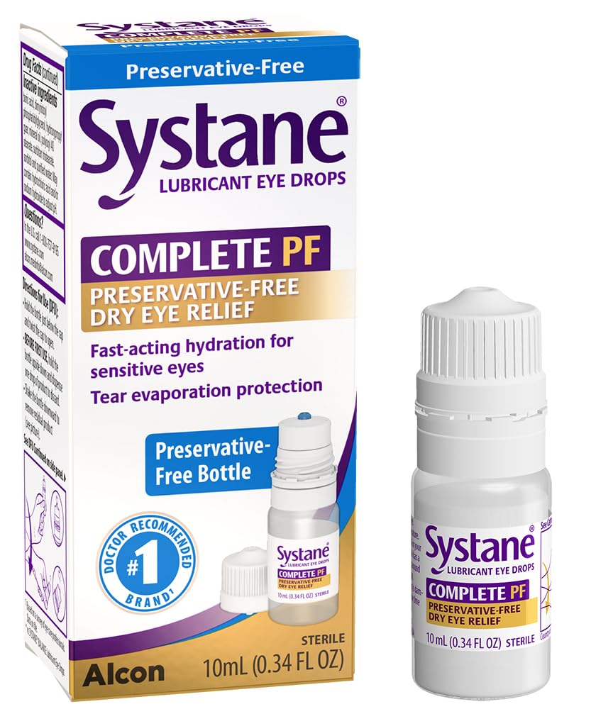 Systane Complete PF bottle close-up showing preservative-free design for sensitive eyes