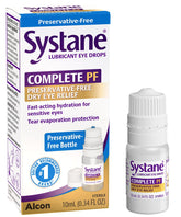 Systane Complete PF bottle close-up showing preservative-free design for sensitive eyes
