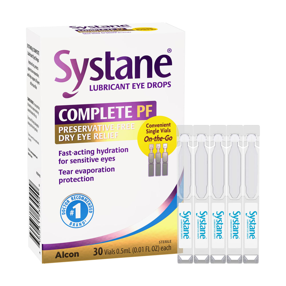 Systane Complete preservative-free unit-dose vial packaging for travel-ready eye relief.