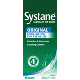 Systane eye lubricant bottle closeup delivering lasting moisture and comfort.