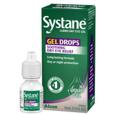 Systane gel drops bottle closeup showing thick gel formulation for long-lasting relief.